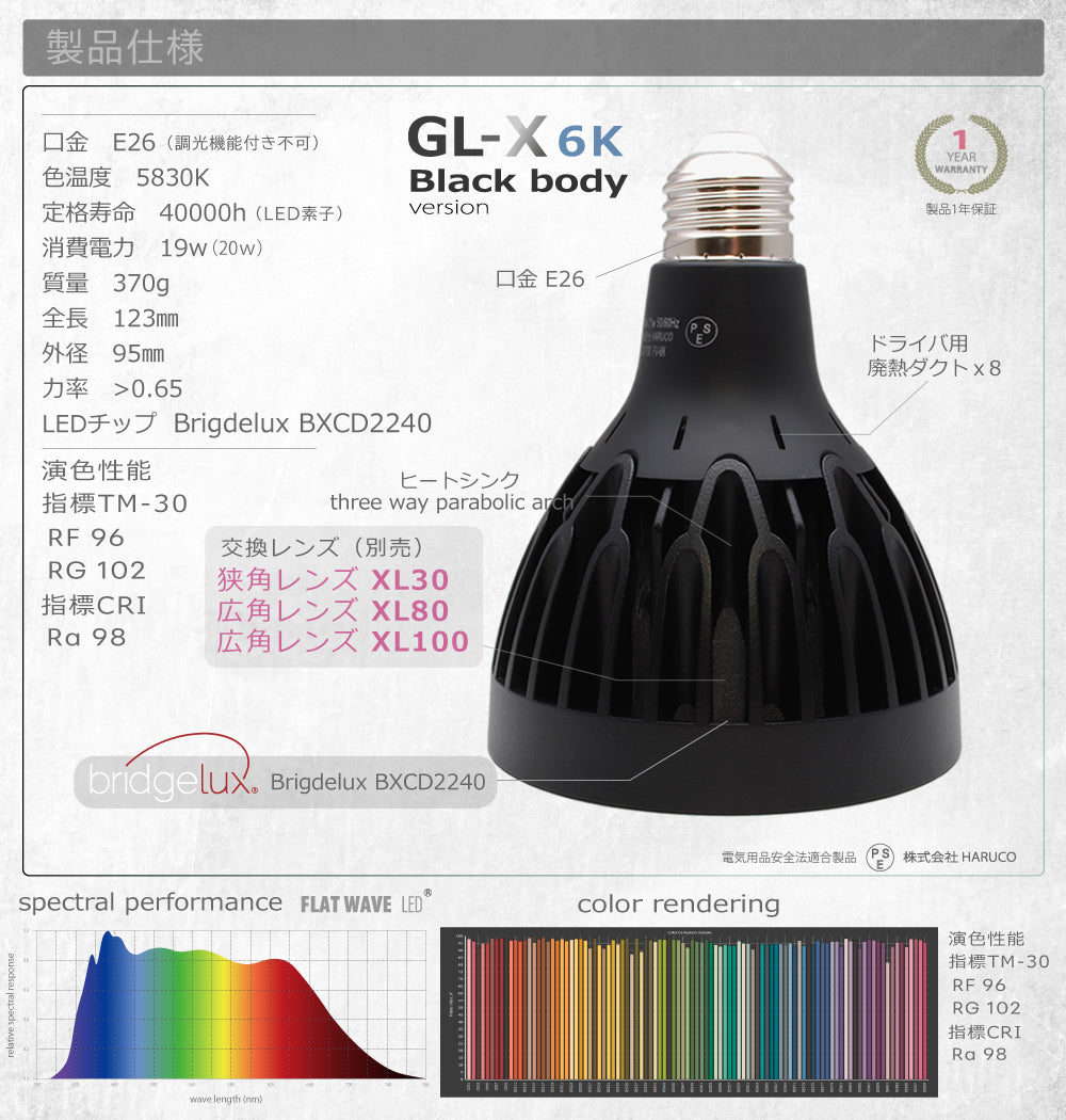HaruDesign 植物育成LEDライト GL-X 6K FtW ブラックボディ 白色系 