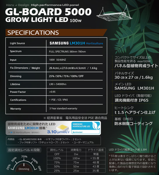 HaruDesign 植物育成LEDライト GL-BOARD5000 サムスンLM301H 調光機能付 IP65 色温度5700K max100W