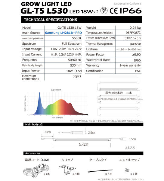 HaruDesign 植物育成LEDライト GL-T5 L530 18Wx2本 サムスンLM281B+Pro IP66 植物工場モデル